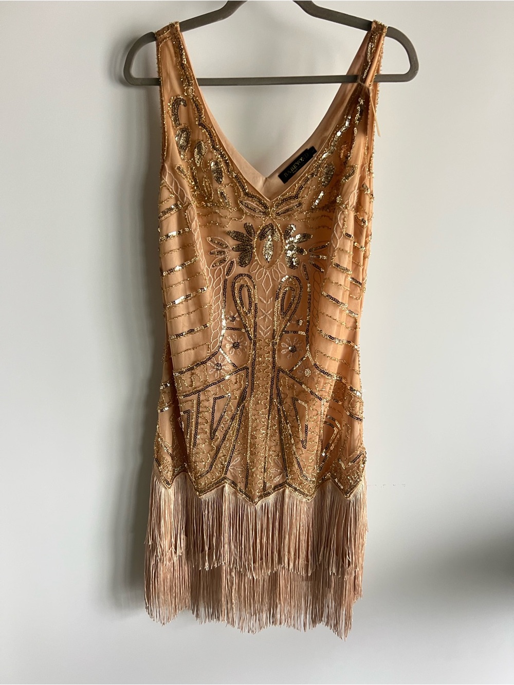 Sequin Fringe Mini Dress in Peach with Gold Accents